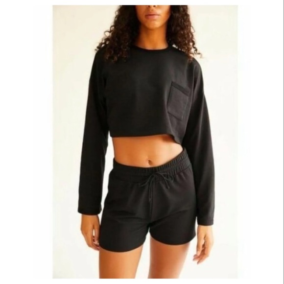 Free People Pants - Free People Sunny Set Two piece Black Athleisure long sleeve top shorts Sz Small